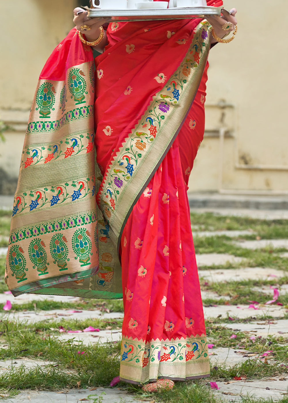 Persian Red and Green Zari Woven Banarasi Paithani Saree