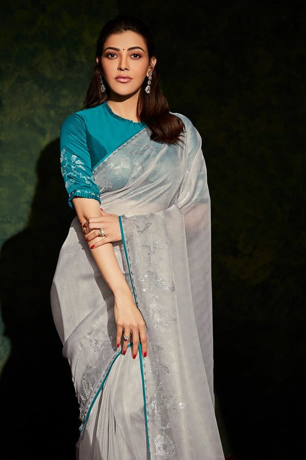 Ash Grey and Blue South Silk Saree