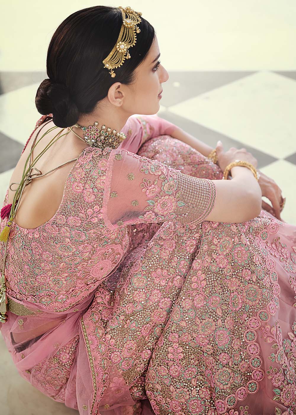 Sundown Pink Net Designer Lehenga With Heavy Embroidered Work