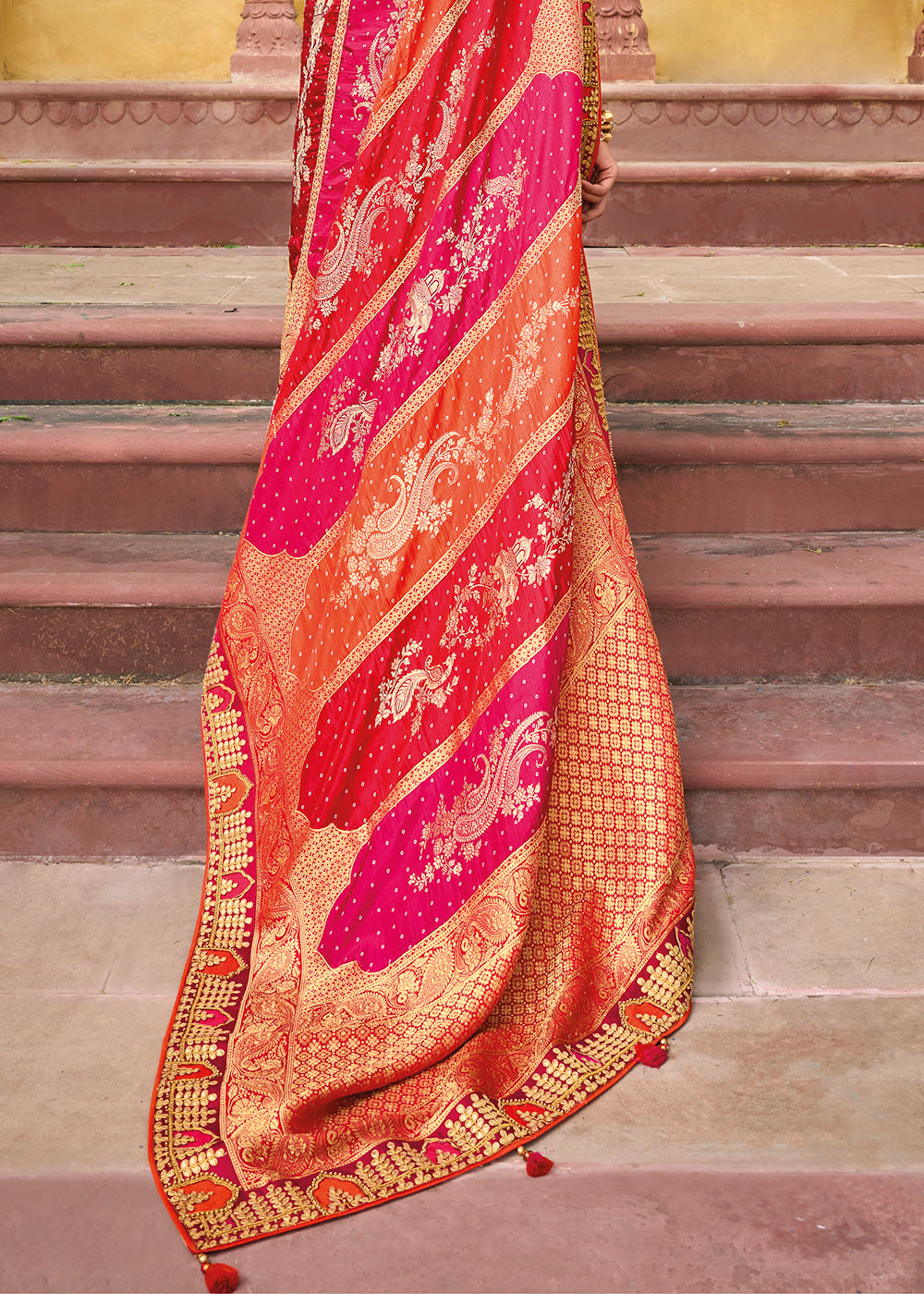 Cinnabar Orange and Red Embroidered Dola Silk Saree