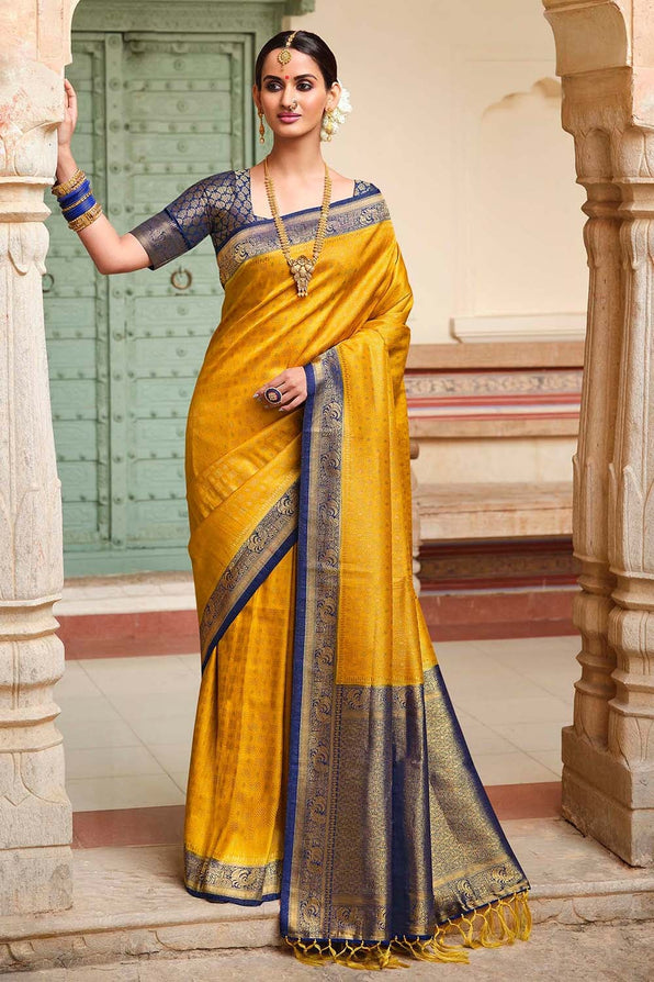 Bush Yellow and Blue Zari Woven Kanjivaram Saree