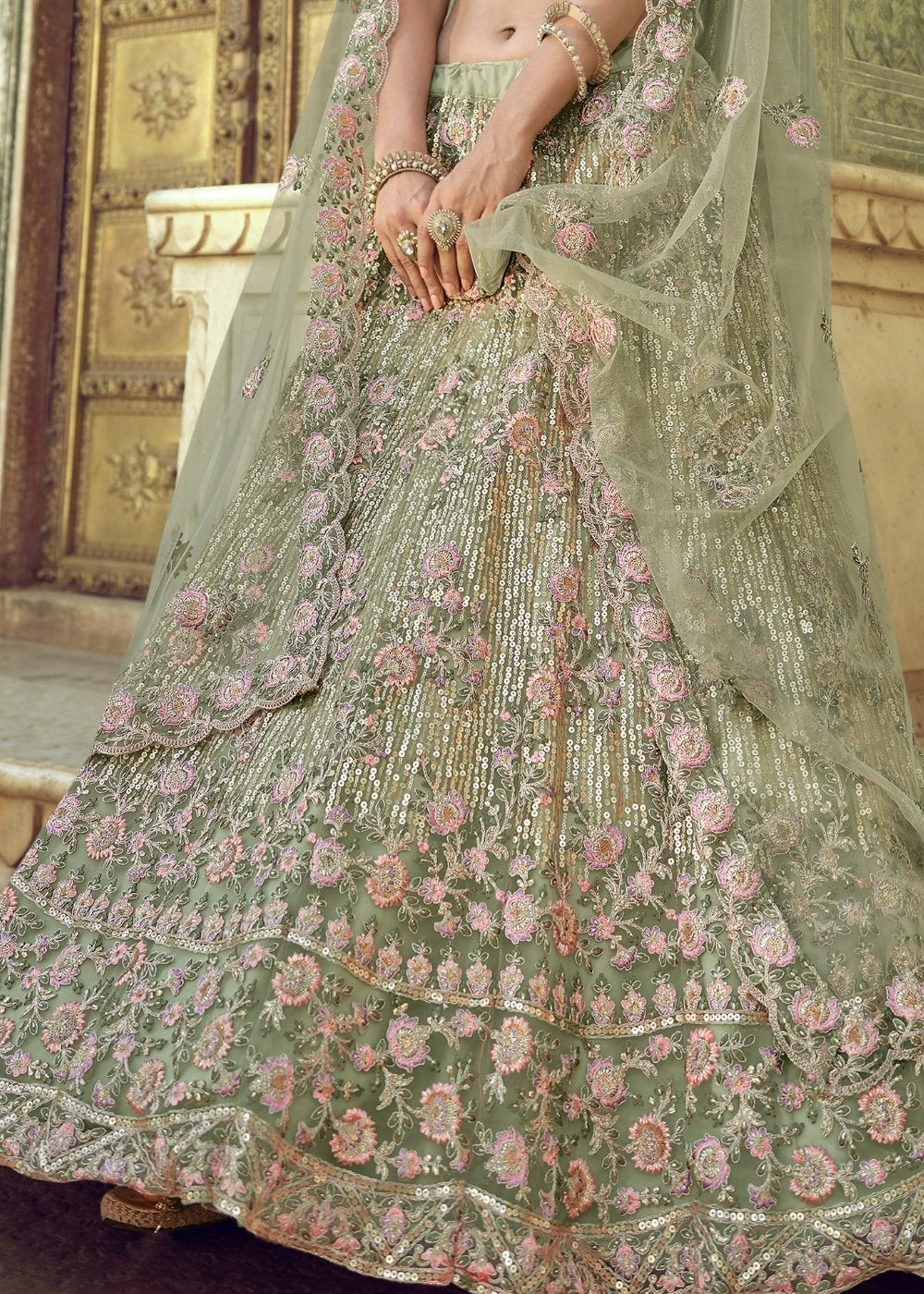 Hillary Green Soft Net Designer Lehenga Choli