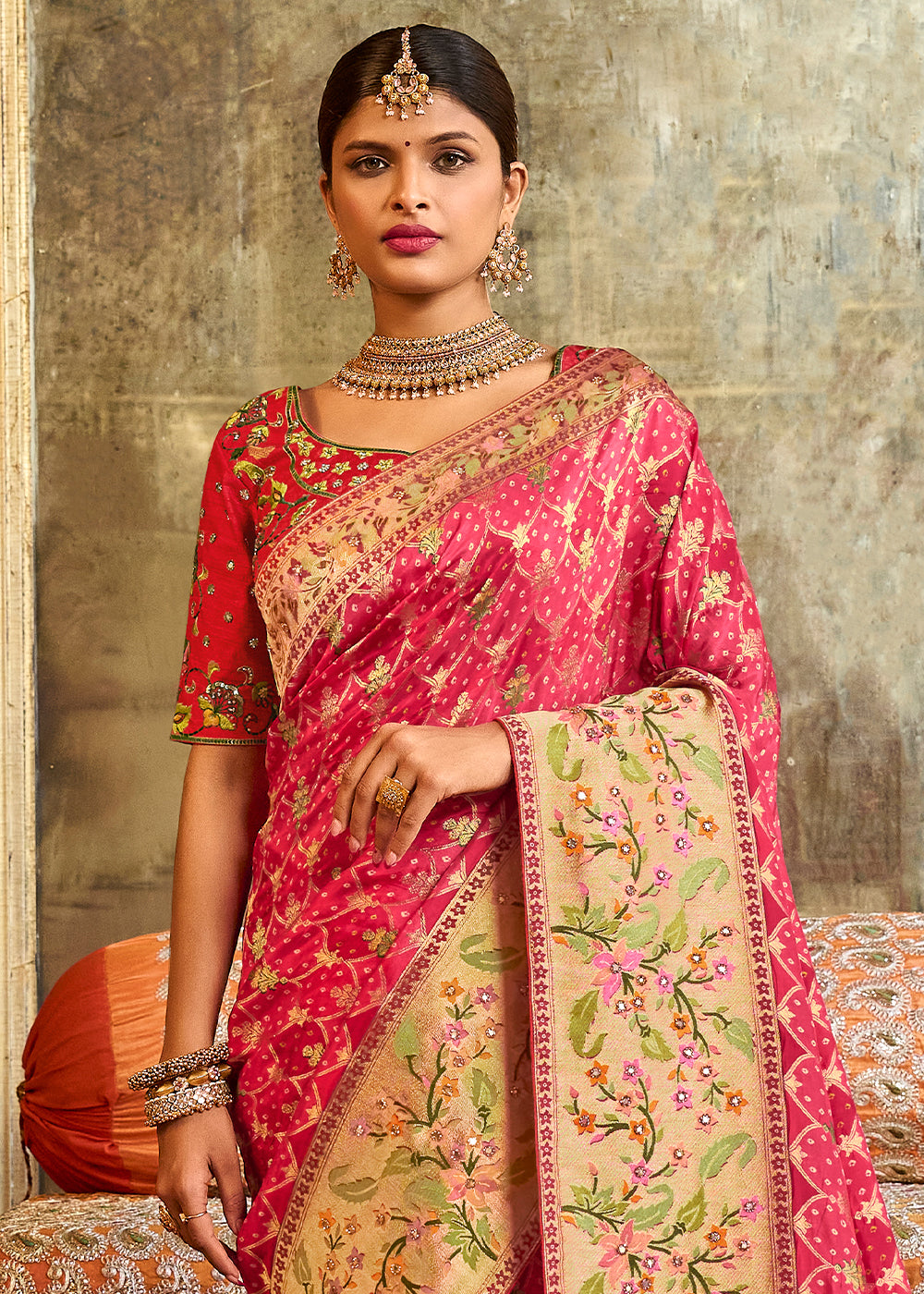 Rose Pearl Pink  Patola Printed Dola Silk Saree With Embroidered Blouse