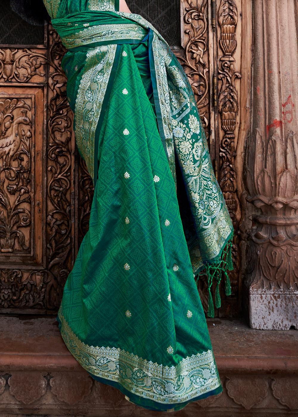 Emerald Green Woven Banarasi Satin Silk Saree