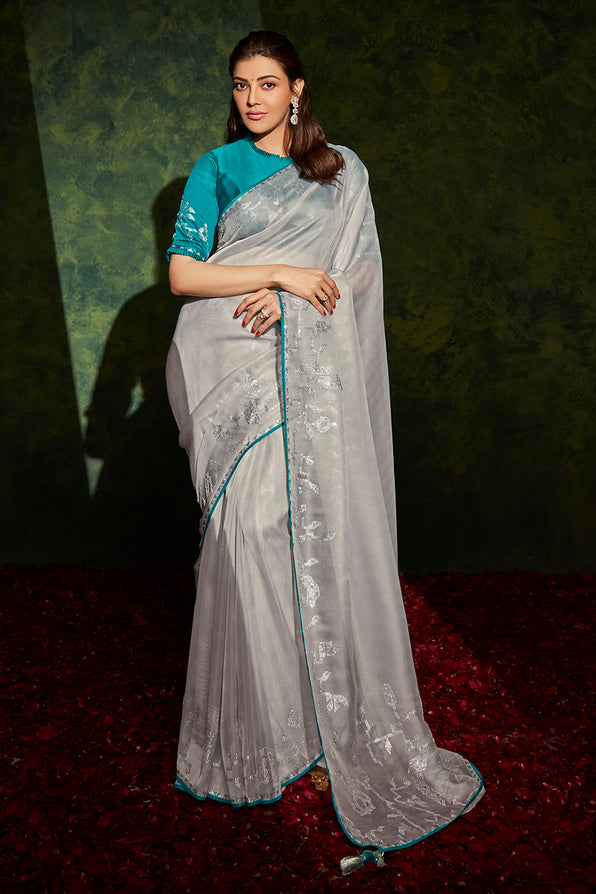 Ash Grey and Blue South Silk Saree