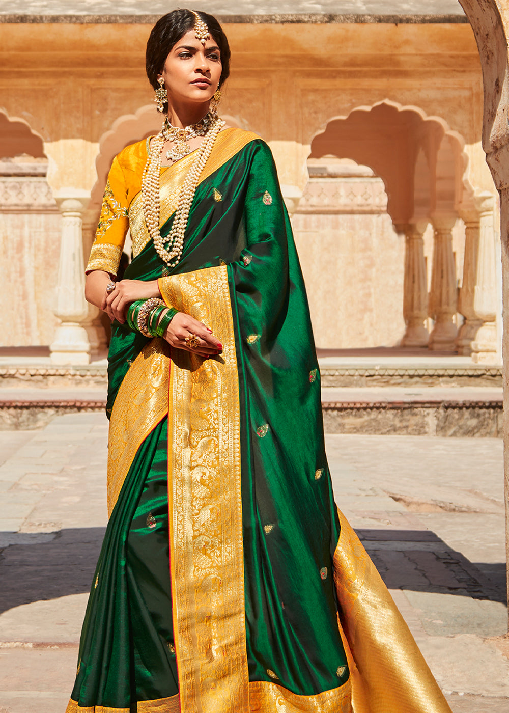 Goblin Green and Yellow Zari Woven Designer Banarasi Saree