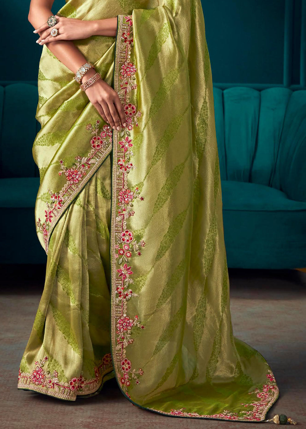 Peridot Green Woven Embroidered Banarasi Silk Saree