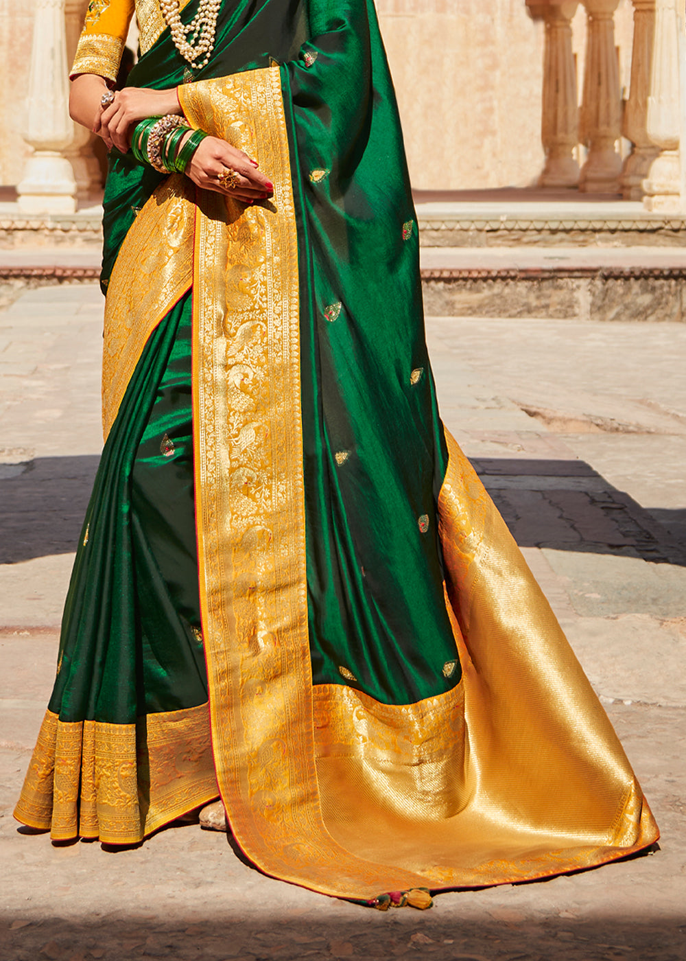 Goblin Green and Yellow Zari Woven Designer Banarasi Saree