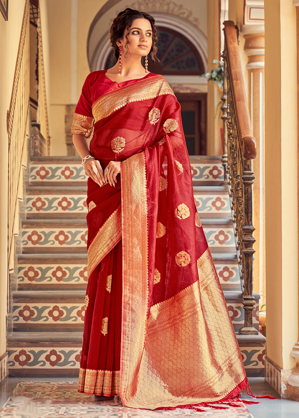 Poppy Red Zari Woven Banarasi Organza Saree