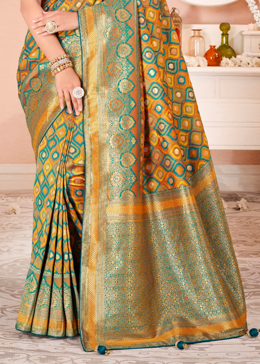 Neon Yellow and Blue Zari Woven Banarasi Saree with Designer Blouse