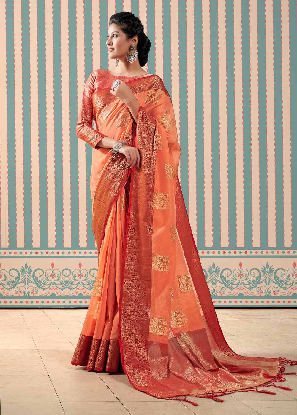 Mandarin Orange Zari Woven Banarasi Brocade Linen Saree