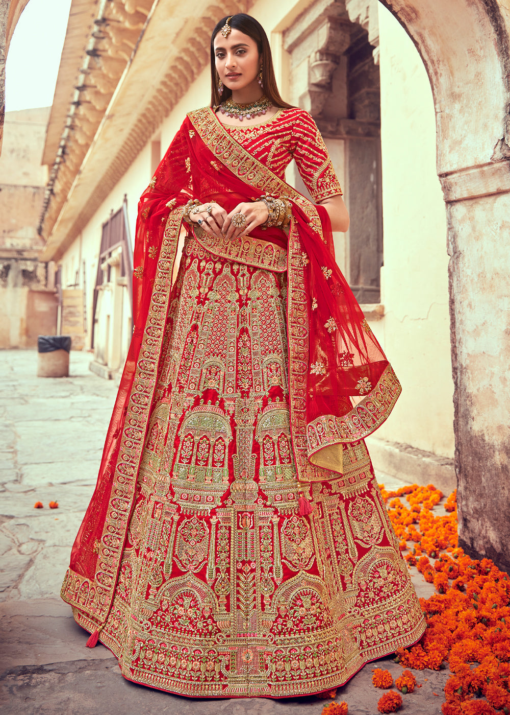 Sienna Red Heavy Embroidered Designer Lehenga