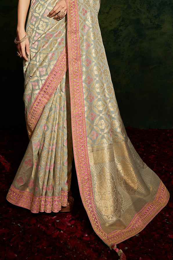 Coral Reef Light Grey and Pink South Silk Saree