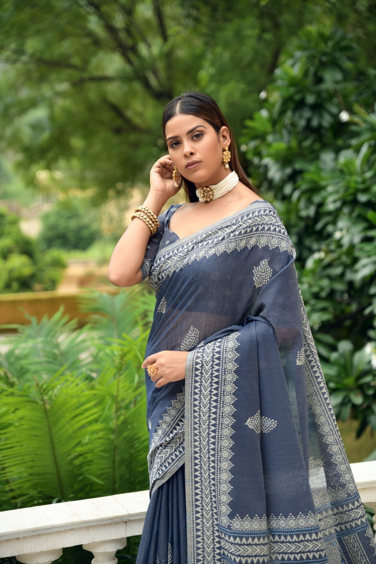 Shadow Blue Lucknowi Cotton Saree