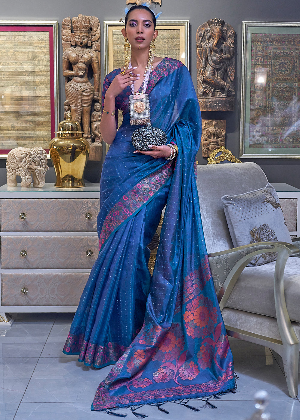 Midnight Blue Woven Dual Tone Organza Banarasi Silk Saree