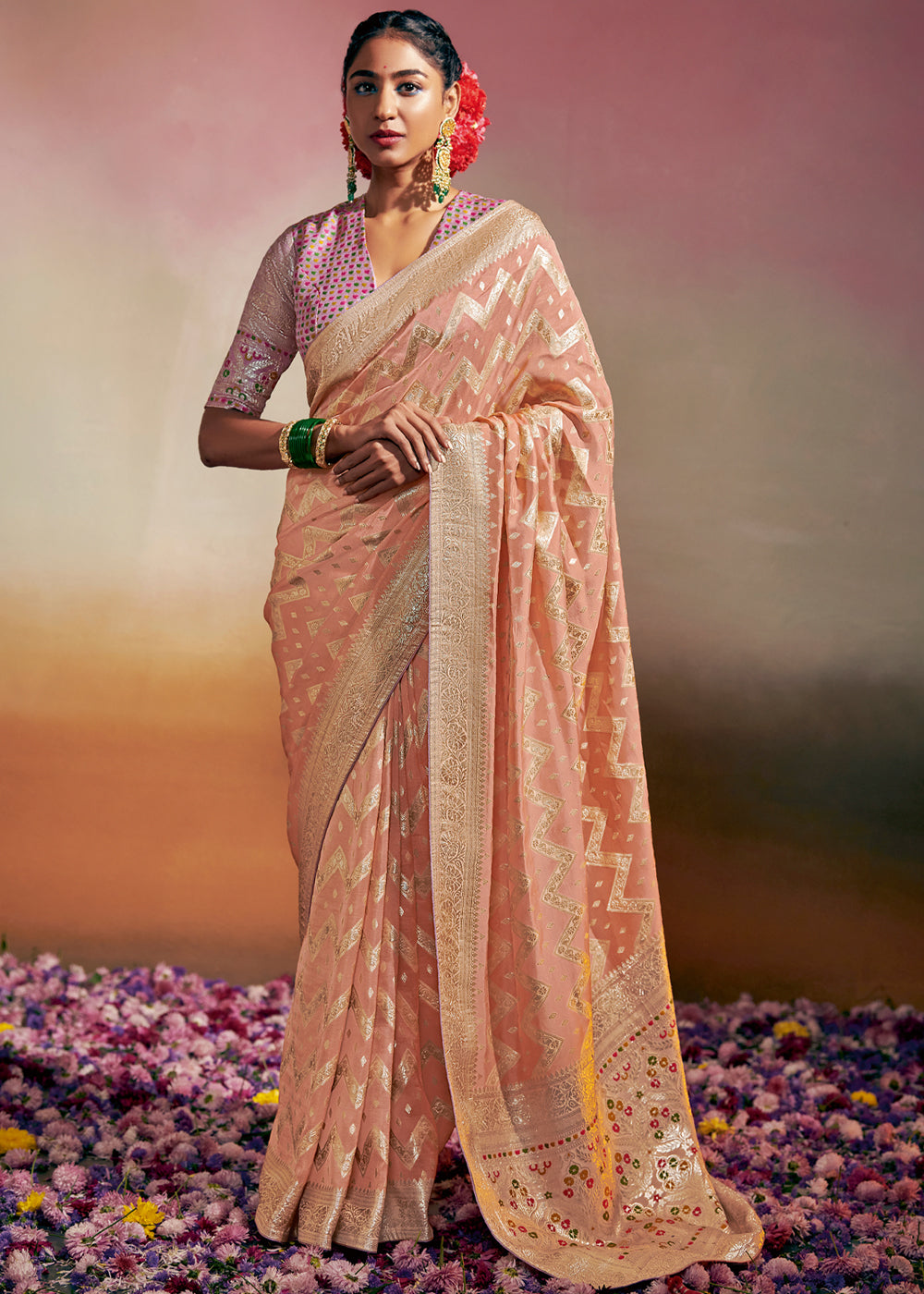 Cashmere Peach Woven Banarasi Soft Silk Saree