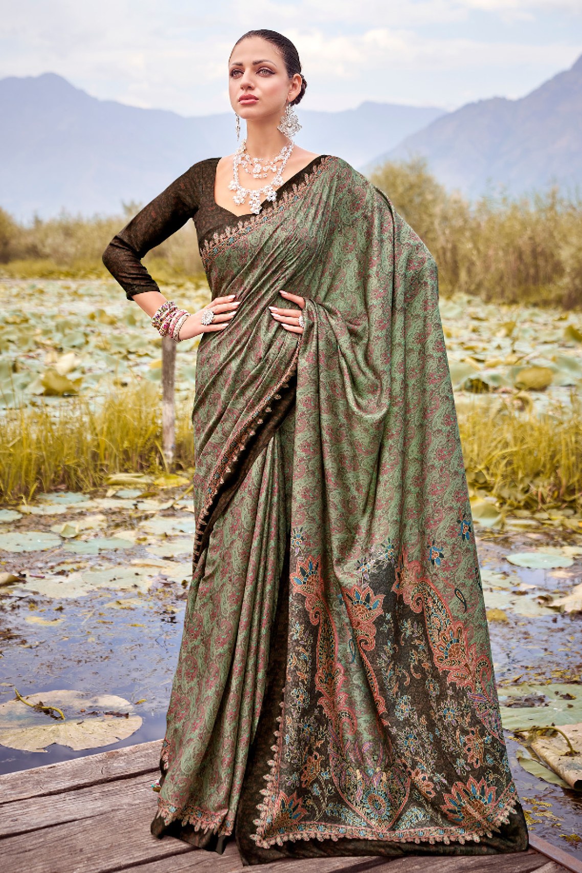 Flax Smoke Green Printed Pashmina Silk Saree