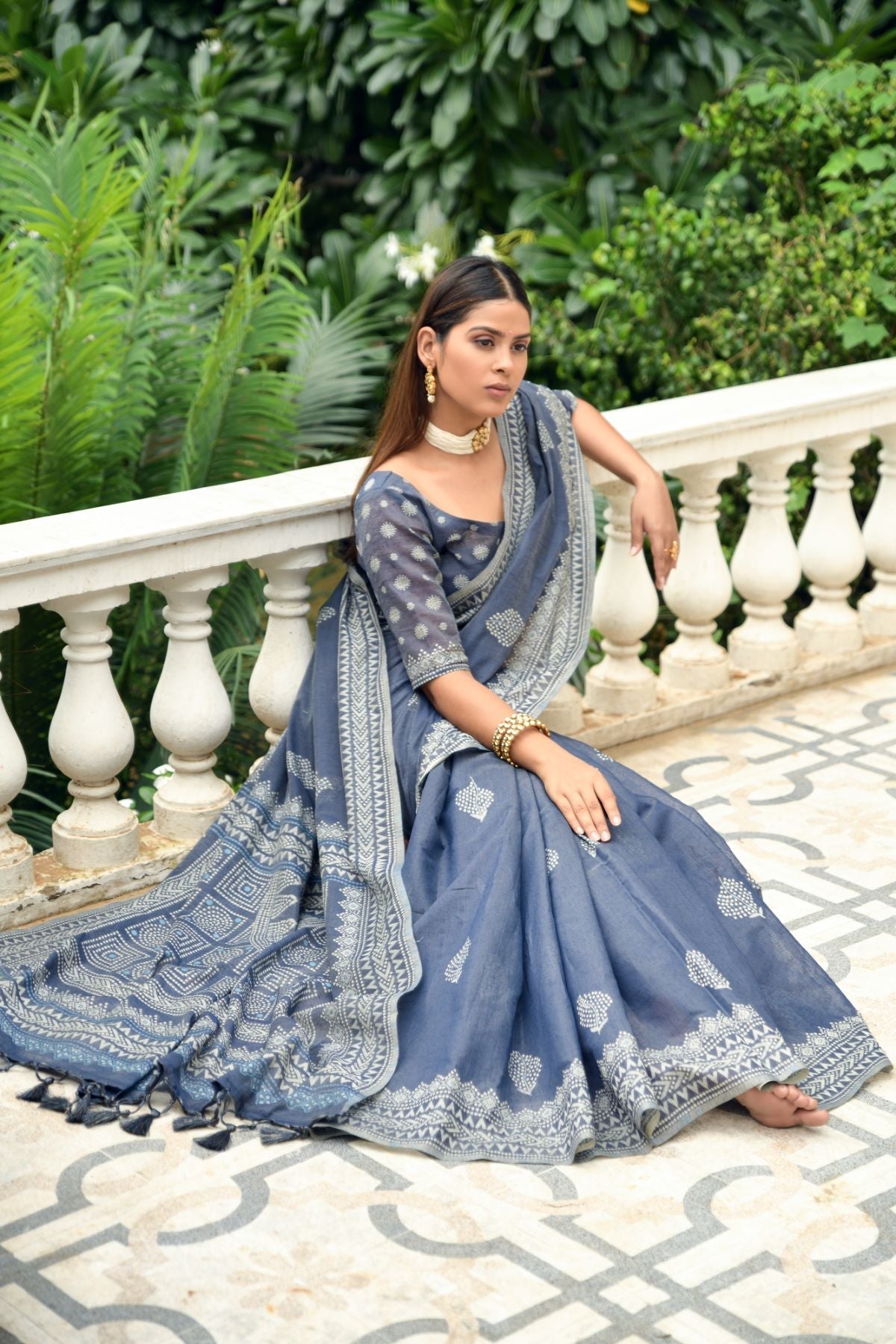 Shadow Blue Lucknowi Cotton Saree