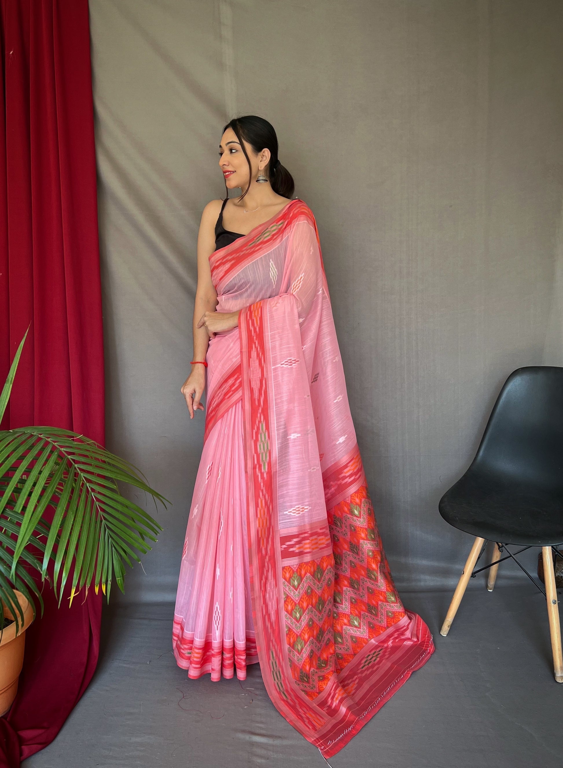 Pastel Pink Ikat Woven Cotton Silk Saree