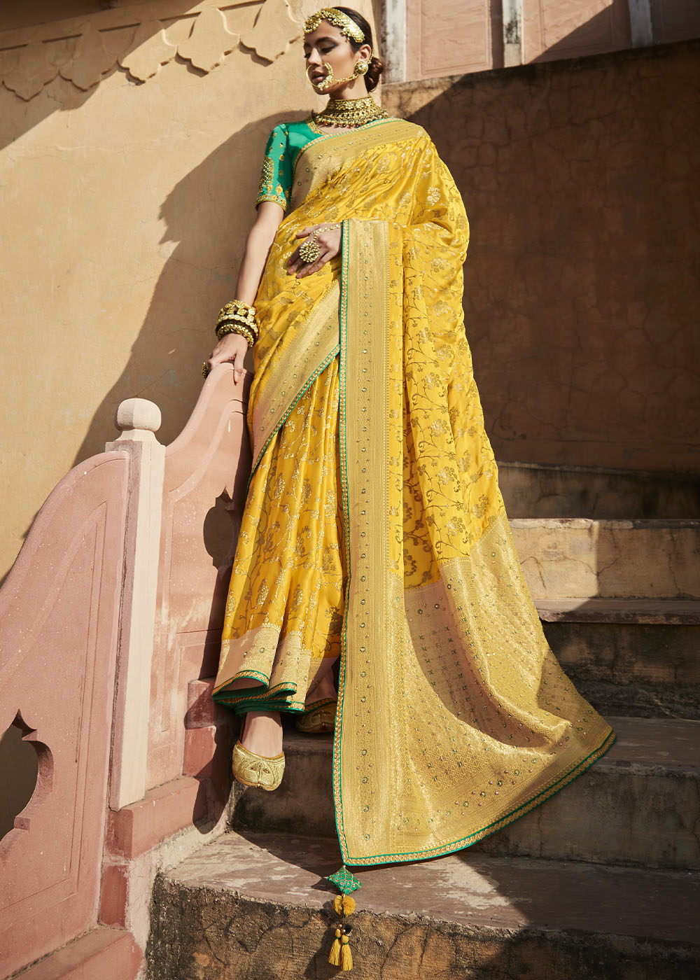 Mustard Yellow Zari Woven Banarasi Silk Saree with Embroidered Blouse