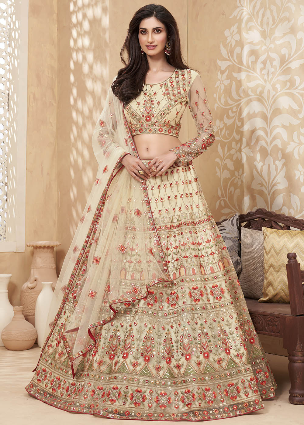 Mandys Light Yellow Designer Net Lehenga with Multi Thread Embroidery Work