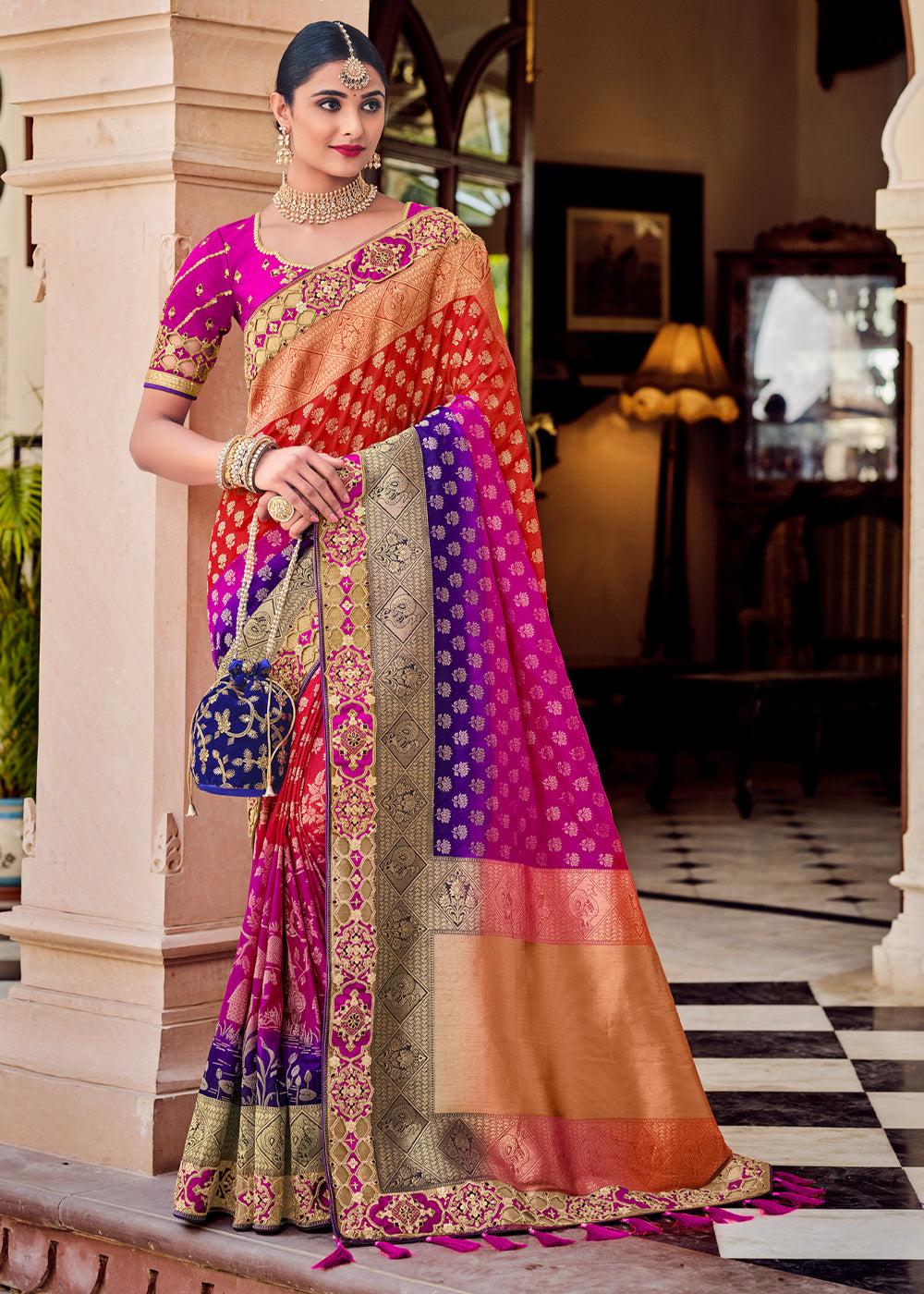 Tall Multicolored Zari Woven Designer Banarasi Saree