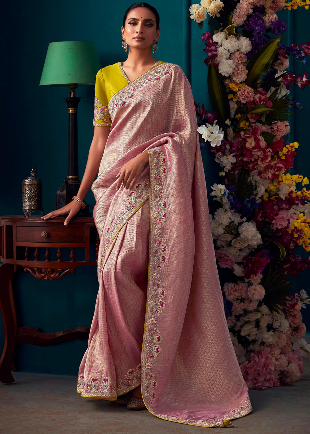 Desert Sand Pink Woven Embroidered Banarasi Silk Saree