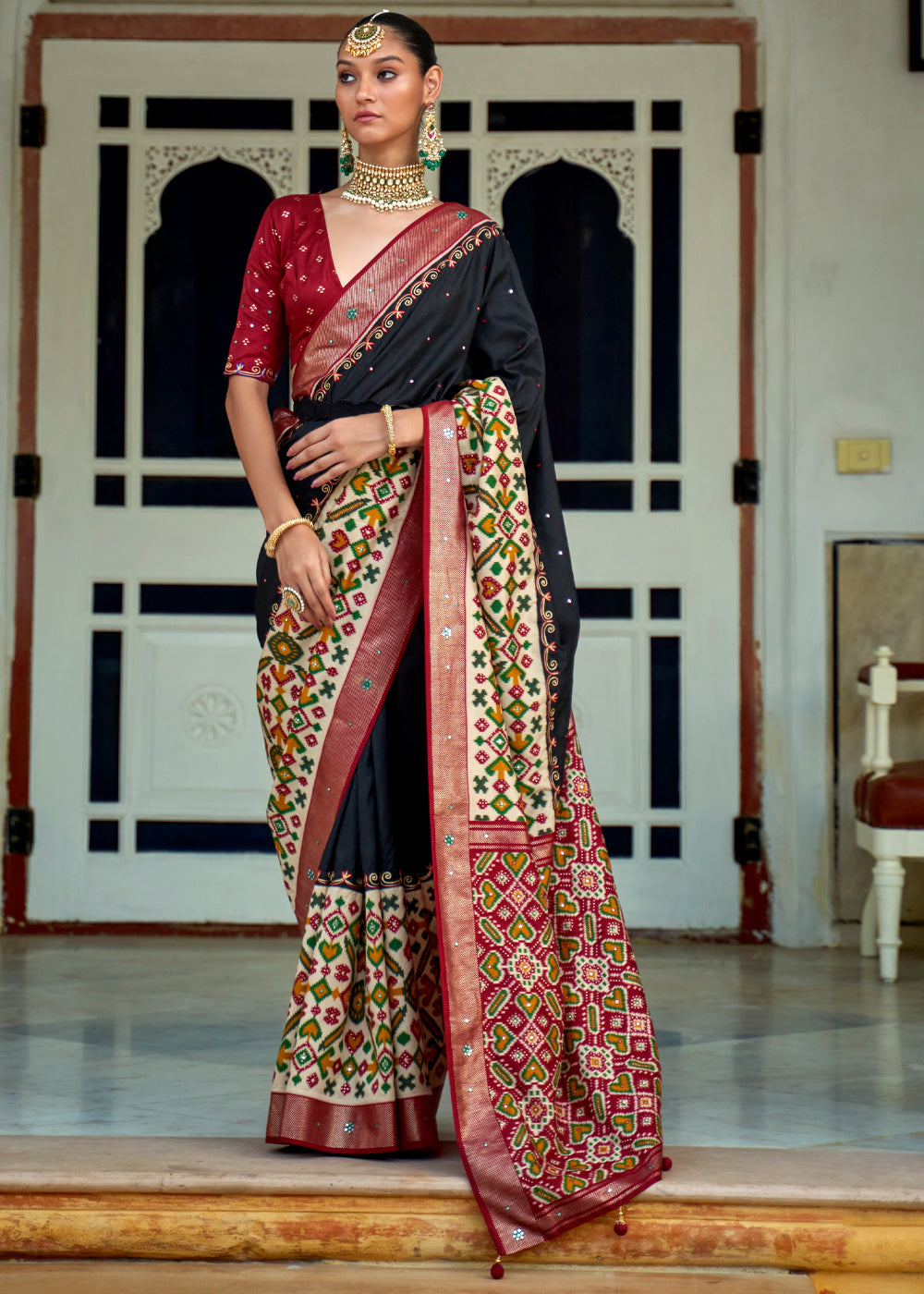 Shark Black and Red Woven Patola Silk Saree