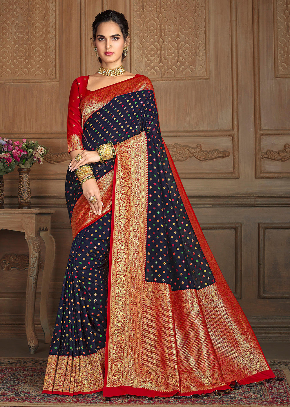 Steel Blue and Red Zari Woven Banarasi Saree