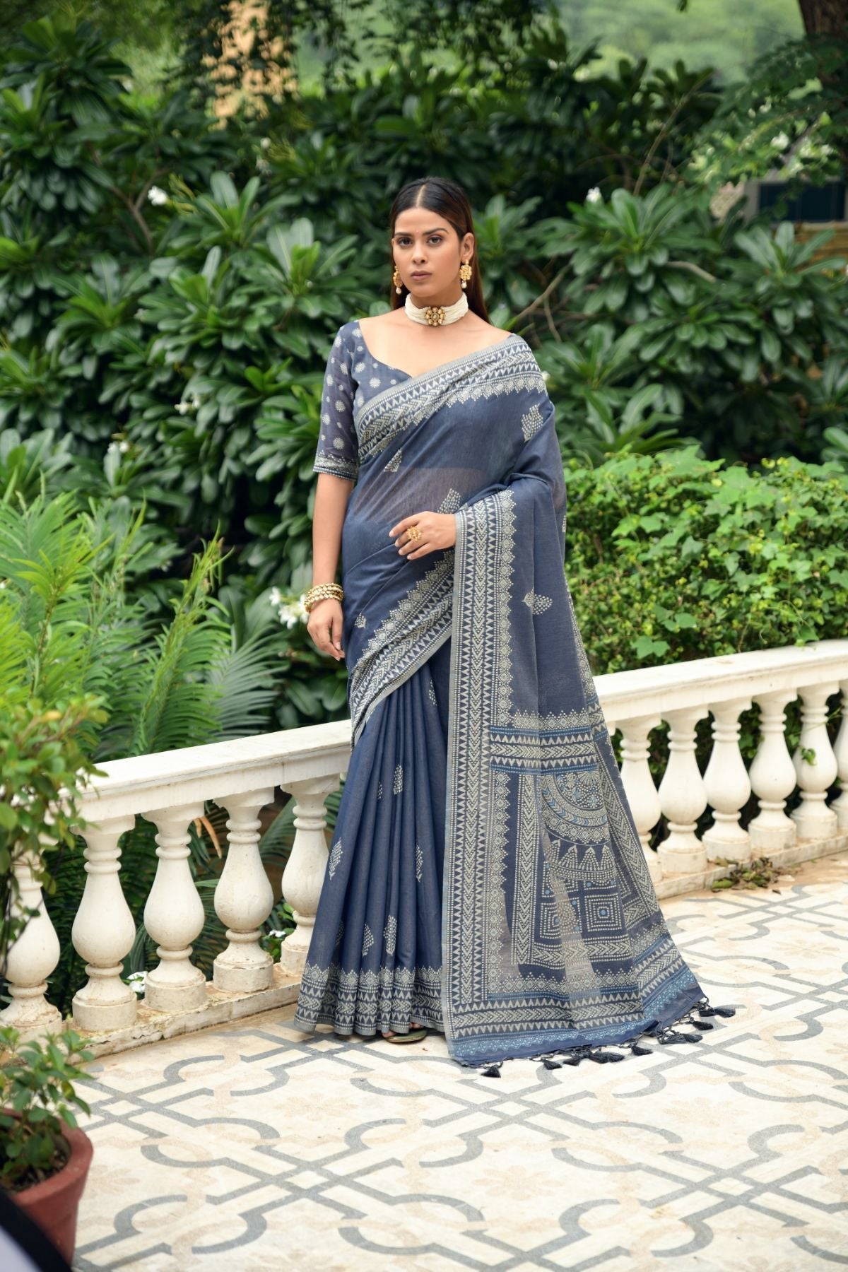 Shadow Blue Lucknowi Cotton Saree