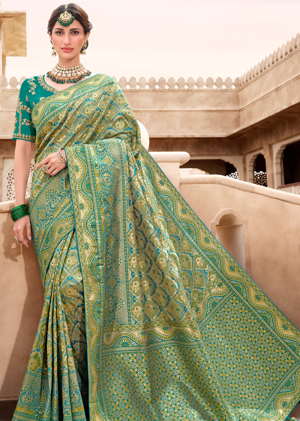 Sage Green Woven Designer Banarasi Silk Saree