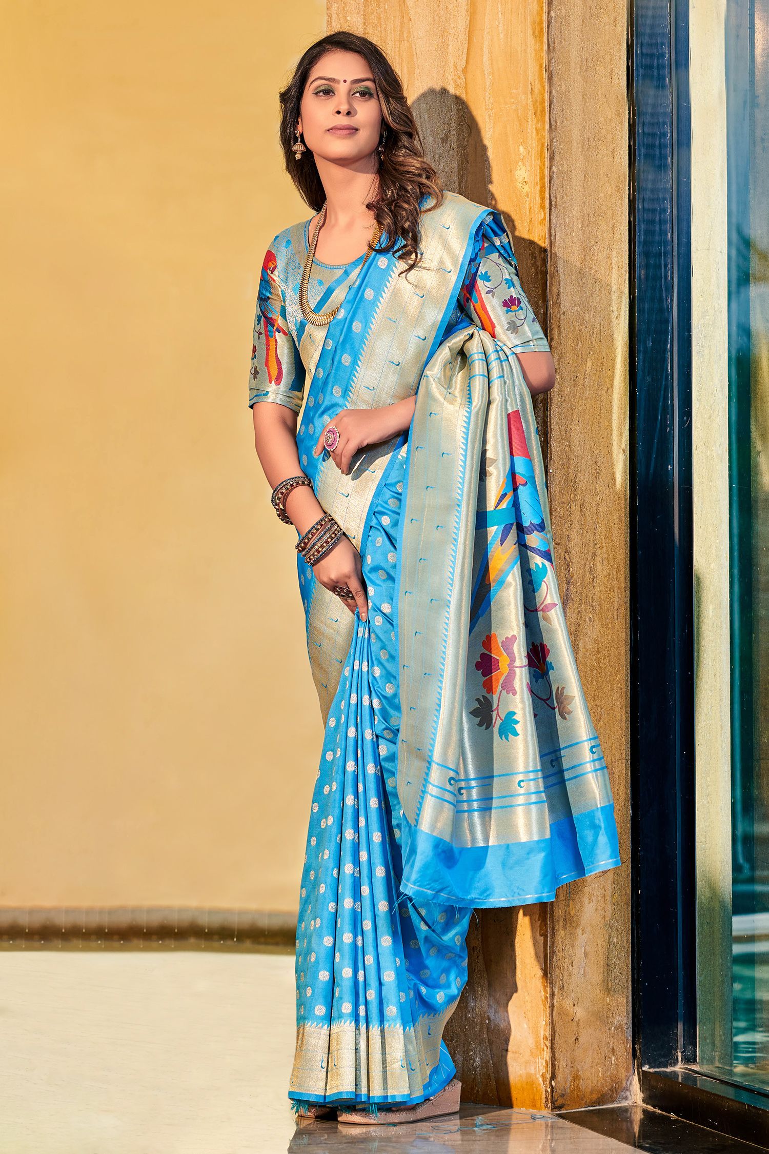 Aqua Pearl Blue Woven Paithani Silk Saree