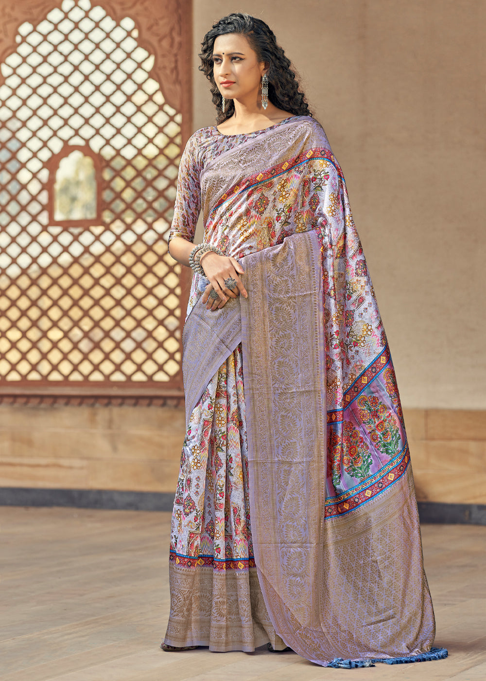 Lilac Luster Purple Digital Printed Jacquard Silk Saree