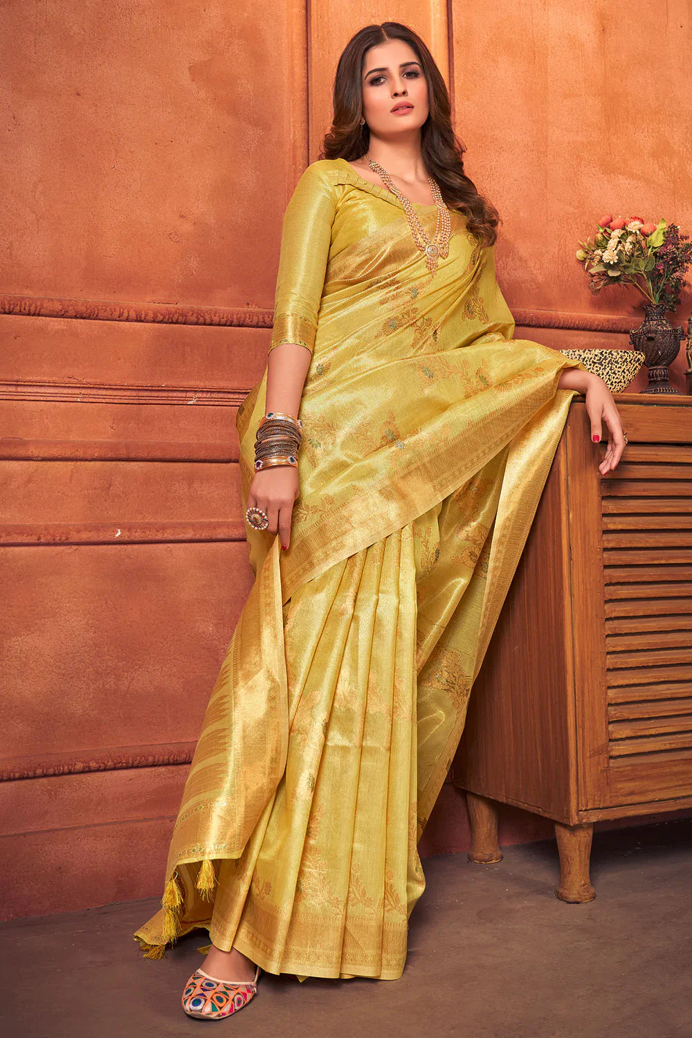 Equator Yellow Cotton Tissue Silk Saree