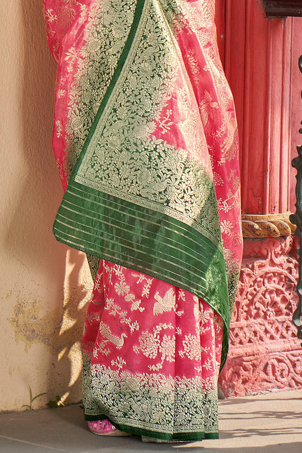 Froly Pink and Green Organza Saree