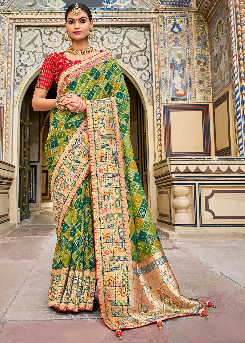 Husk Green and Red Patola Printed Dola Silk Saree With Embroidered Blouse