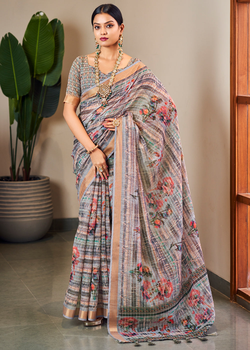 Gunsmoke Grey Linen Saree with Digital Print