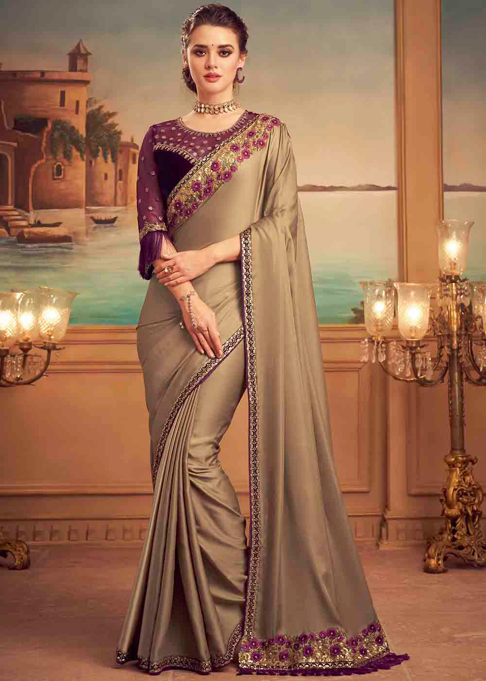 Muesli Brown and Purple Embroidered Satin Silk Designer Saree