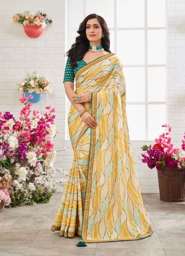 Anzac Yellow Chinon Printed Saree