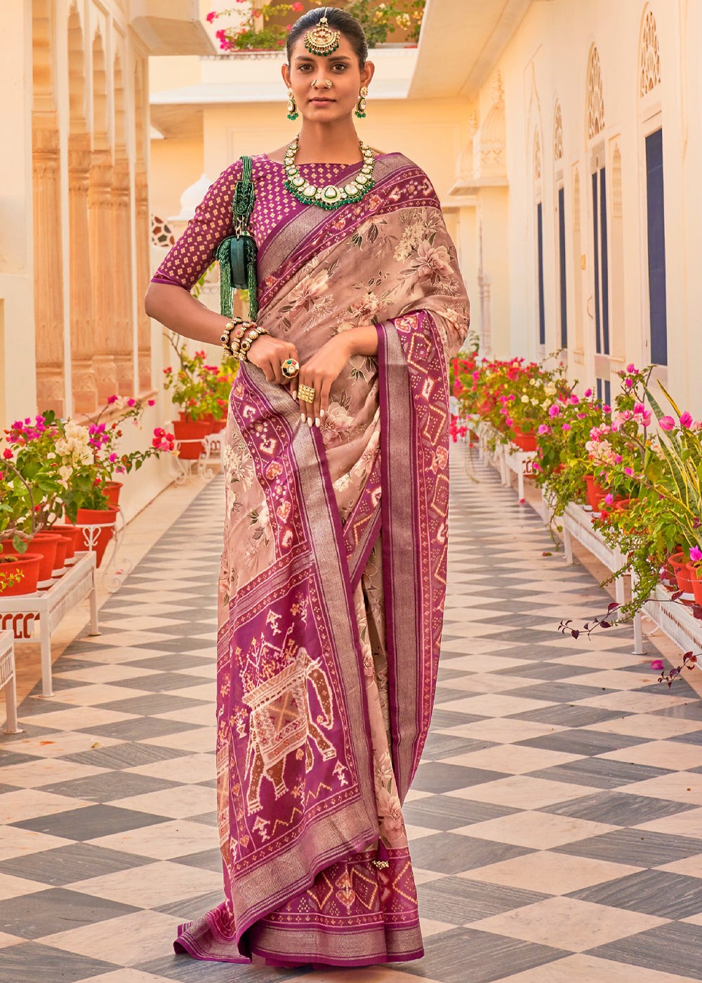 Stiletto Purple Printed Chiffon Patola Silk Saree