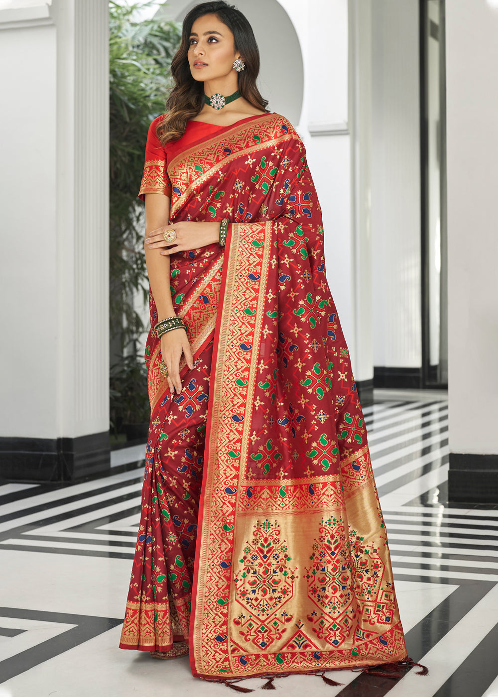 Stiletto Maroon Zari Woven Banarasi Patola Saree