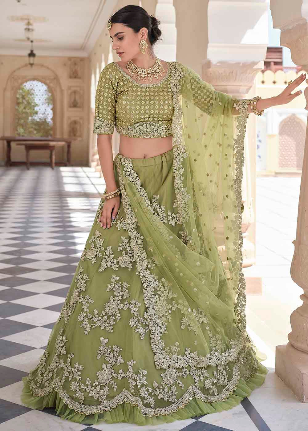 Gold Green Soft Net Designer Lehenga Choli With Dori & Sequins Work