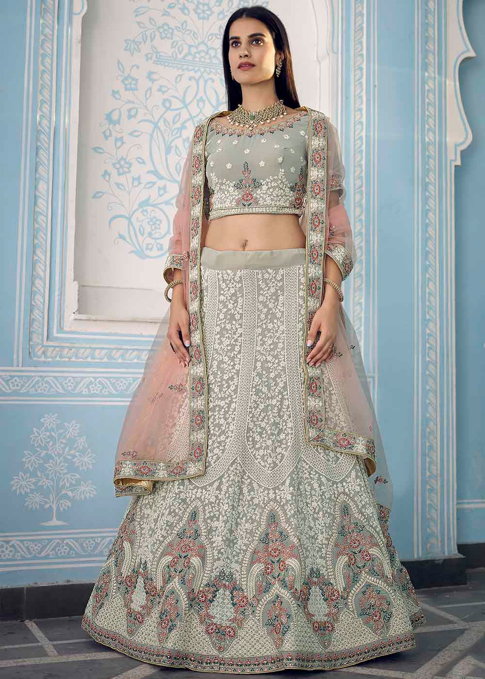 Tea Grey Designer Georgette Lehenga Choli