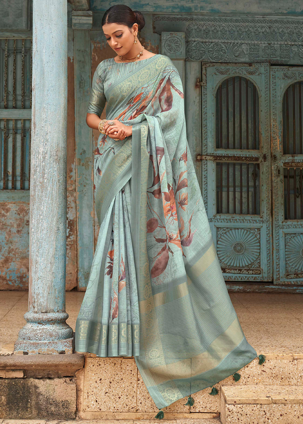 Gum Leaf Green Floral Printed Linen Silk Saree