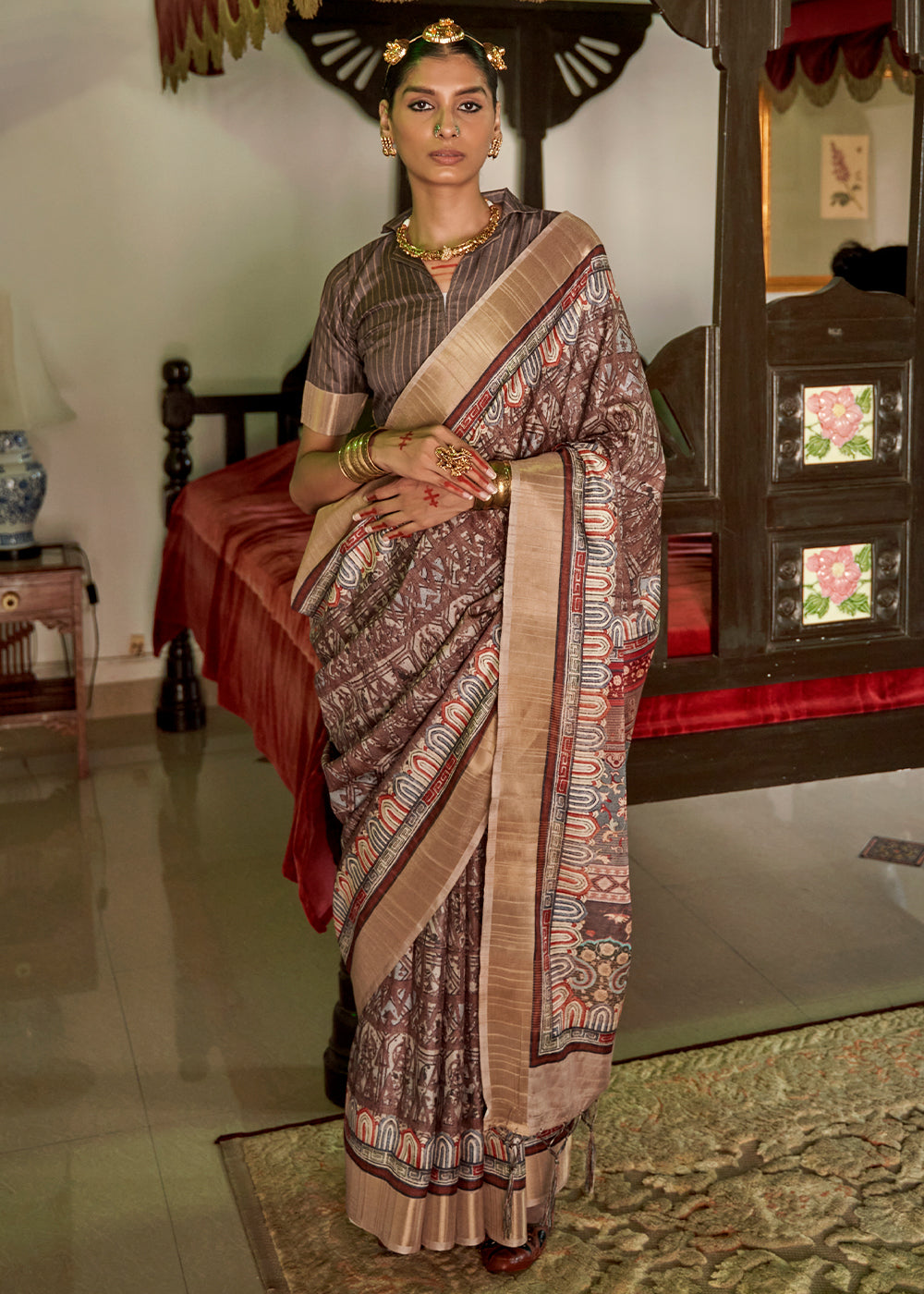 Coffee Dark Brown Digital Printed Silk Saree