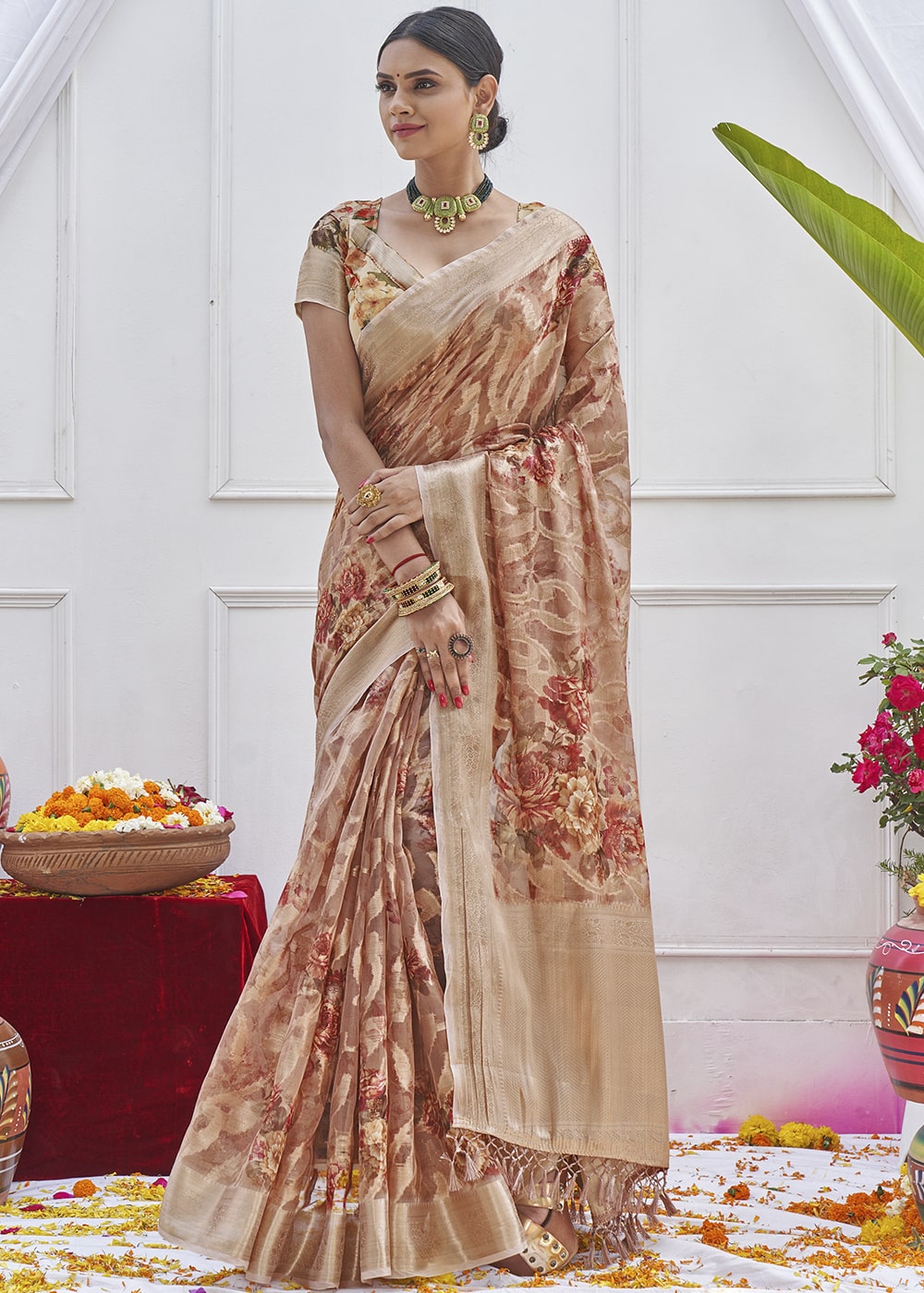 Blast Off Bronze Brown Digital Printed Organza Silk Saree