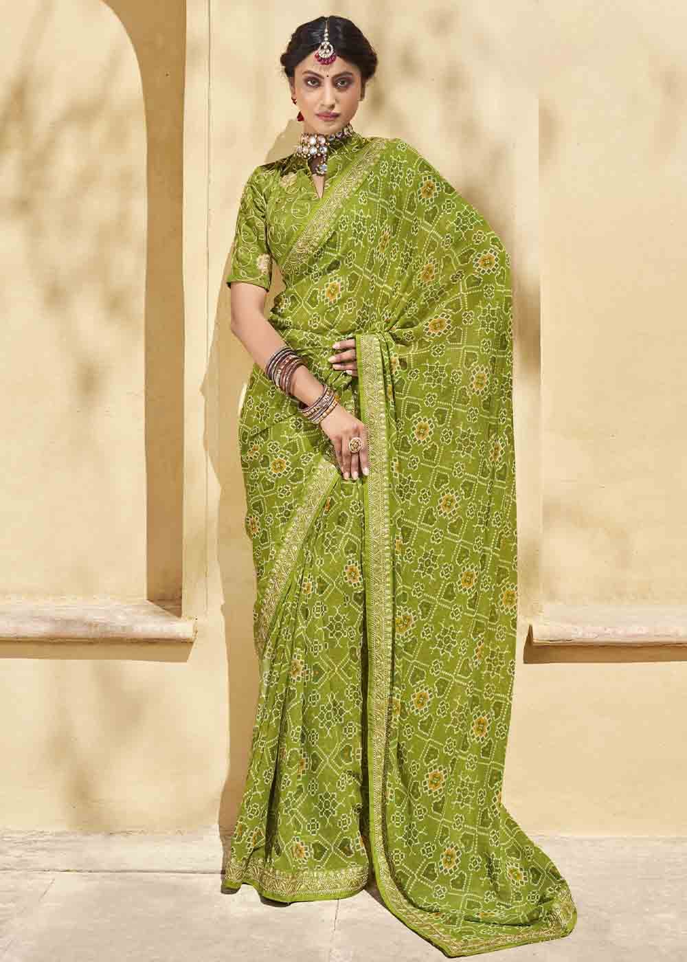 Celery Green Patola Print Georgette Saree With Embroidered Blouse