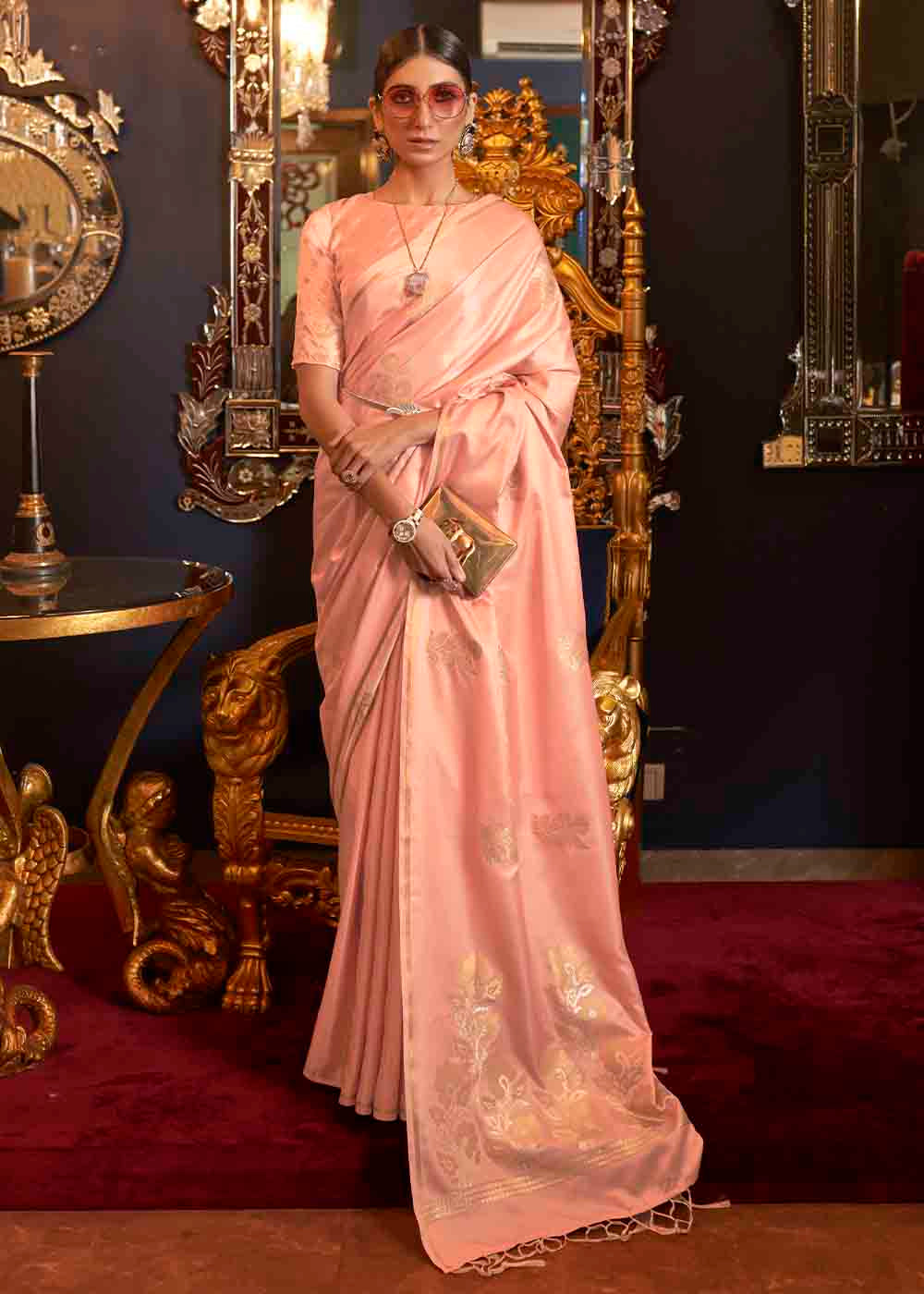 Bud Pink Zari Woven Banarasi Satin Silk Saree