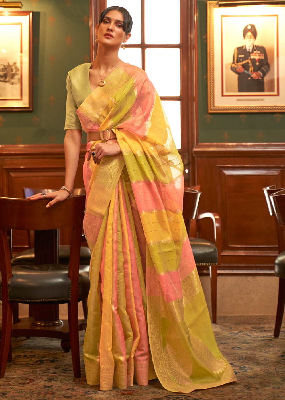 Ronchi Yellow Green and Pink Zari Woven Banarasi Organza Saree