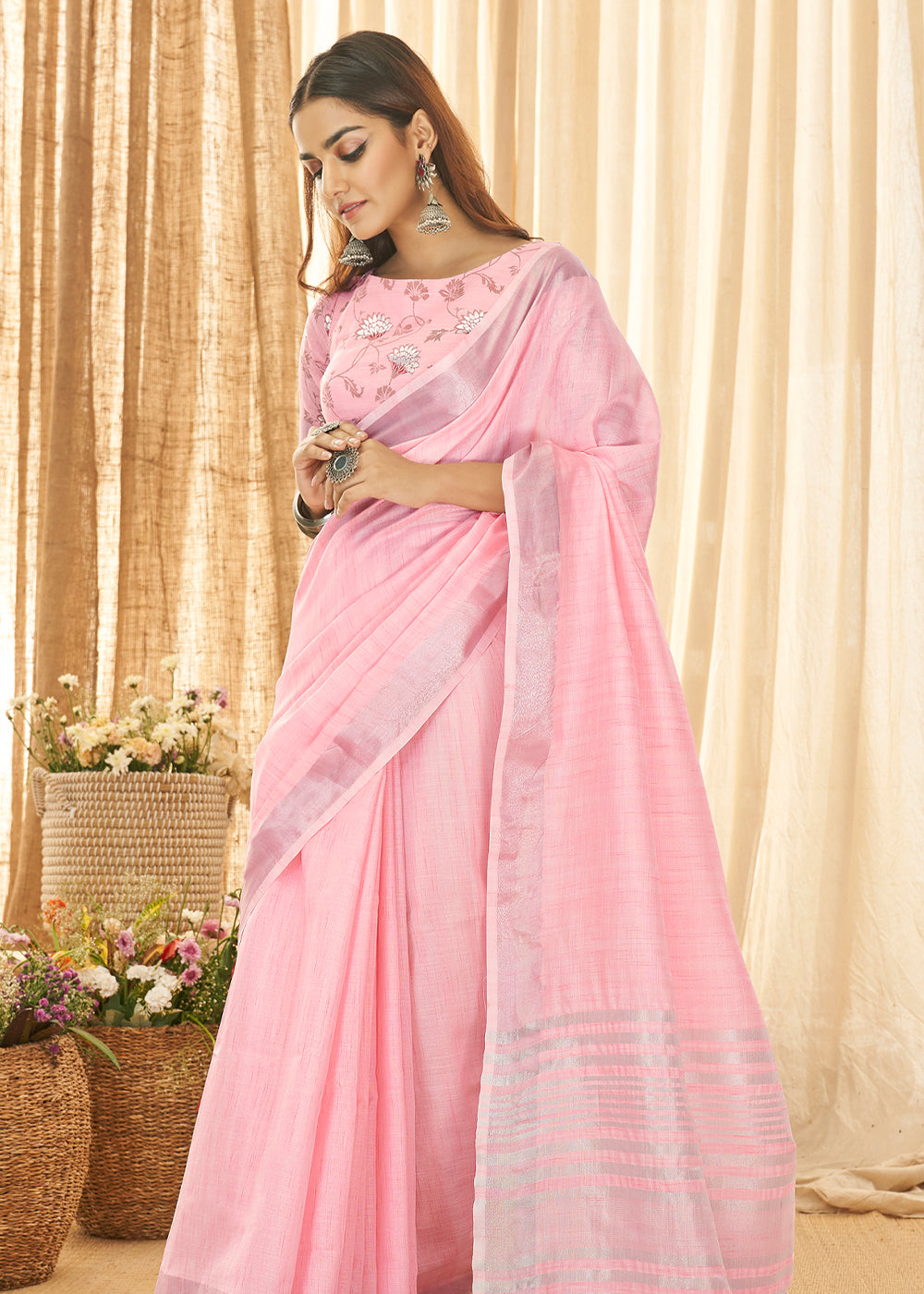 Azalea Pink Zari Woven Linen Saree